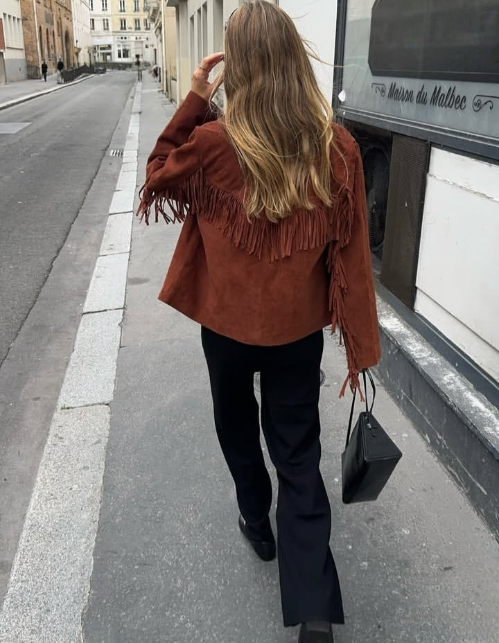 Women’s Brown Suede Fringe Jacket with Western Cowboy Style and Vintage Boho Details